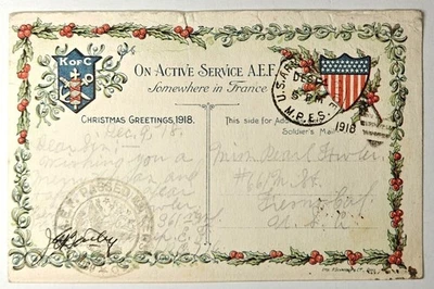 1918 WWI A.E.F. “On Active Service Somewhere in France” K of C Christmas +Censor - Image 1 of 2