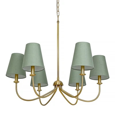 Lámpara de araña dorada, latón cepillado con pantalla de tela verde, 6 luces 28" moderna Fa... Foto 1 de 4