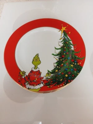 Juego de 4 platos de cena THE GRINCH árbol de Navidad rojo 10 1/2" borde dorado Foto 1 de 4
