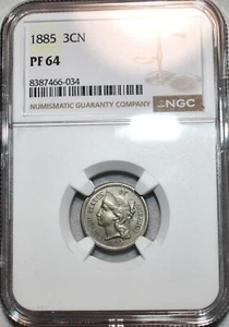 NGC PF-64 1885 Nickel Three Cent Piece, Evenly Mirrored, Glossy Proof! - Picture 1 of 4