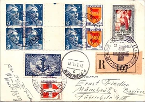 FRANCE 1951 REG POSTCARD MULT FRANKING GUTTER BLOCK ADDR GERMANY CANC RED CROSS - Picture 1 of 2