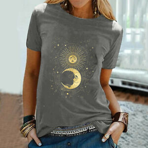 Women Sun Moon Star Print T-Shirts O-Neck Short Sleeve Casual Blouses Tops