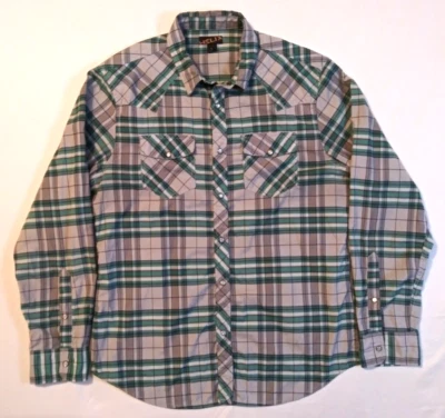 Camisa a Presión Helix-Mens Vaquero Occidental Perla Manga Larga, Grande, Verde/Gris A Cuadros Foto 1 de 4