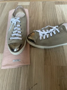 MIU MIU PRADA beige suede METAL CAP TOE LOGO SNEAKERS 39 - Picture 1 of 9
