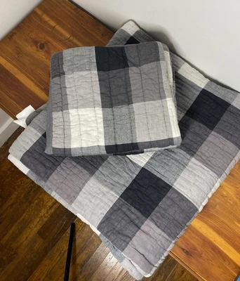 Restoration Hardware Teen Queen 86”x 86” gris edredón a cuadros y 2 fundas 26”x 26” Foto 1 de 4