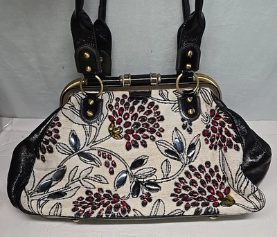 Sharif Black And White Carpetbag Handbag Tapestry W/ Jeweled Details READ - Image 1 of 4