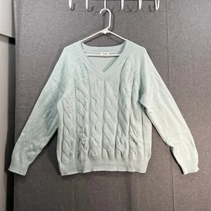 Candace Cameron Bure Cable Knit V-Neck Sweater Glacial Blue Size Medium - Picture 1 of 7