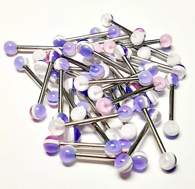 Barbell Tongue Nipple Ring Acrylic/Steel 14 Gauge 5/8" 5mm Pink/Purple SET of 2 - Image 1 of 3