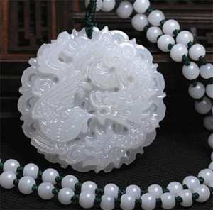 Natural White Stone Jade Carved Dragon Phoenix Lucky Pendant Amulet Necklace - Picture 1 of 6