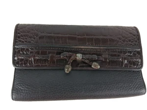 Brighton schwarz Leder & braun Kroko Alligator Clutch Geldbörse Organizer Vintage LESEN - Bild 1 von 18