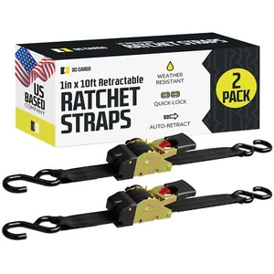 DC Cargo Retractable Ratchet Strap Tie Down Straps w/ S-Hooks 1" x 10' 2-pack