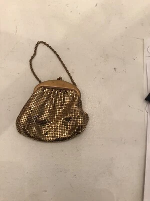 Vintage Whiting and Davis gold metallic evening purse with chain handle/marked - Image 1 of 4