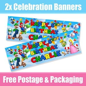 Personalised Mario Banners Birthday / Celebration -Any Name & Age x2 Unofficial - Picture 1 of 5