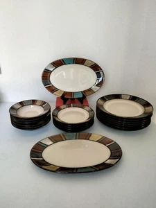 20 Piece Pfaltzgraff "Nile" Beige w/Multicolor Stripe Rim - Excellent condition - Picture 1 of 7