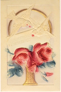 Doves Bringing Card & Roses Heavily Embossed Air Brushed Birthday Postcard B17