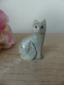 Figurine de chat gris aux yeux orange, pierre marbrée, pour vitrine, collection - Imagen 1 de 10