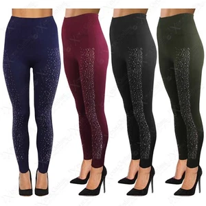 MUJER CINTURA ALTA DIAMANTE GEM LEGGINGS SLIM SKINNY STRETCH FLEECE FORRADO PANTALONES - Imagen 1 de 20