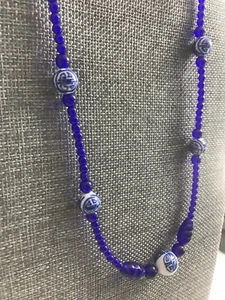 19-1/2" Necklace w/ Cobalt Blue Glass Beads and Chinese Blessing Symbol Beads - Picture 1 of 9