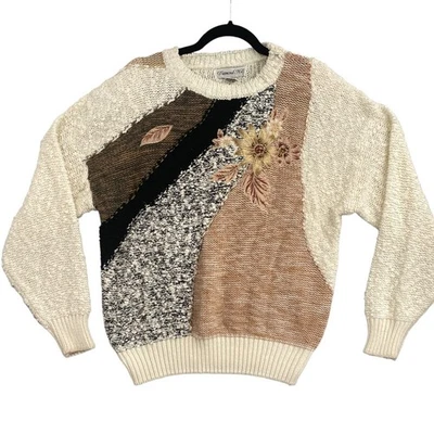 Suéter De Colección Años 80 Para Mujer 18 Grueso Floral Aplique Nubby Marleado Retro Nerd Granny Foto 1 de 4