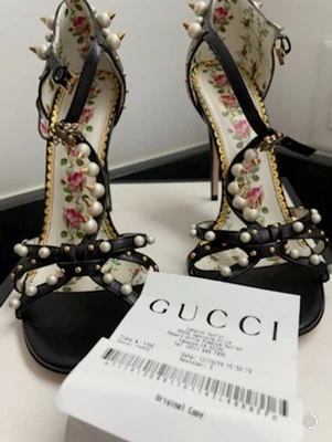 Gucci Auth 37 EU  black Leather Pearl Studded T Strap Heels Sandals Shoes - Image 1 of 4