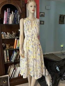 Rebecca Taylor Aloha Dress Womens Yellow Floral Sz 2 Pintuck Pleated Lined Midi - Picture 1 of 8