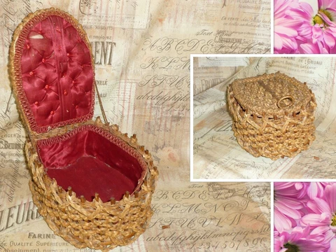 Sweet Antique Sewing Basket Victorian 1800s-1900s Wicker Horseshoe sewing box Cover