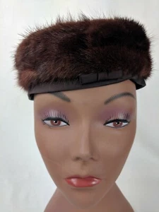 Vintage NOREEN FASHION Cherry Brown Satin Pillbox MINK HAT Trim & Bow - Picture 1 of 8