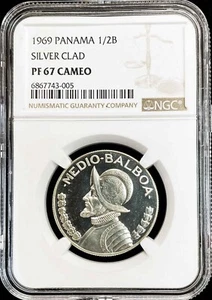 1969 PANAMA 1/2 BALBOA SILVER CLAD COIN NGC PROOF 67 CAMEO - Picture 1 of 2