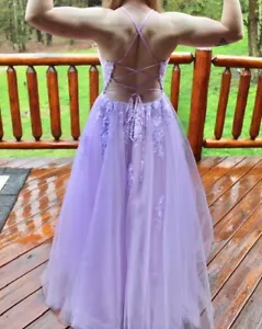 JULES & CLEO SZ 12 10 PROM BRIDESMAID FORMAL DRESS PURPLE TULLE LACE LONG EUC - Picture 1 of 8