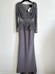 Mac Duggal Women's Sheer Beaded Peplem Gown Dress In Charcoal Size 2 $798 - Picture 1 of 20
