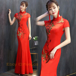 Womens Embroidery Cheongsam Bride Wedding Party Dress Chinese Traditional Qipao