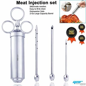 304 Stainless Steel Seasoning Meat Injector Kit 2-oz Large Barrel 3 Needle Cook - Picture 1 of 5