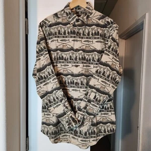Woolrich Trout Tackle Fishing Print Long Sleeve Flannel Hunting Shirt John Rich - Picture 1 of 5