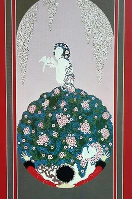 VESTIDO DE PRIMAVERA Erte 1987 de VENUS Besando Palomas Pájaros Pared Art Deco Estampado Mate Foto 1 de 4