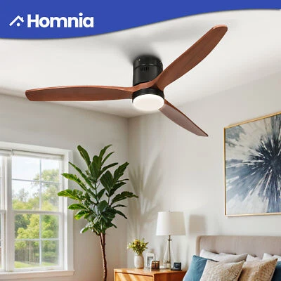 HOMNIA 52" Ceiling Fan with Light & Voice Command Flush Mount Reversible 3 Wood Blades