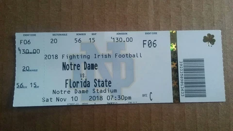 2018 Notre Dame Fighting Irish vs Florida State Football Ticket Cover