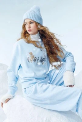 Disney Embroidered Light Blue Bambi Flower Top Sweatshirt L Large NWT H&M Style - Image 1 of 4