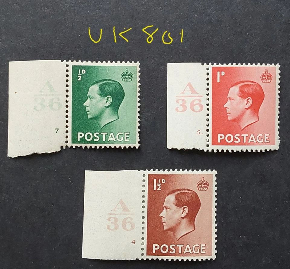 GB King Edward KEVIII 1936 0.5d, 1d & 1.5d Controls A36 UMM (UK801) — 第 1/1 张图片