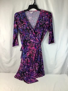 Lularoe Wrap Dress Womens Xxs Purple White Pink Knit 3/4 Sleeve Casual Chic - Picture 1 of 11