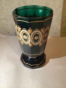 "Vidrio floral checo bohemio verde, blanco y dorado 1800-1850 Lendl Estate 5,5"" de alto" - Imagen 1 de 6
