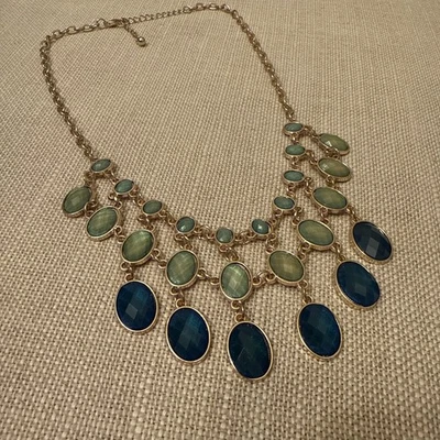 VTG FACETED OVALS 3-ROW BIB Necklace Cobalt Aqua Green Antiqued Gold Boho Fringe - Image 1 of 4