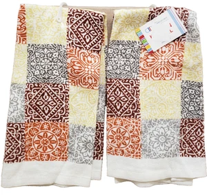 Set of 2 Same Kitchen Terry Towels (15"x25") MULTICOLOR PATTERNS #2, SQUARES, AM - Picture 1 of 8