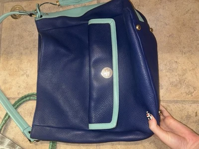 Bolso de Hombro Isaac Mizrahi de Cuero Azul Real con Borde Turquesa Cartera Grande Foto 1 de 4