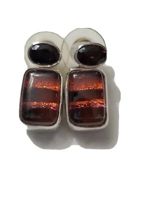 DICHROIC GLASS EARRINGS- sterling silver square pink studs 925 smokey qtz - Image 1 of 4