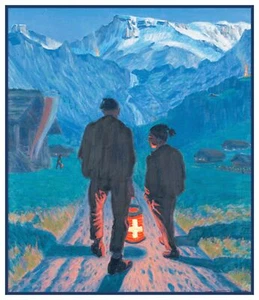 Evening Walk Swiss Alps Landscape by Waldemar Fink Counted Cross Stitch Pattern - Picture 1 of 4