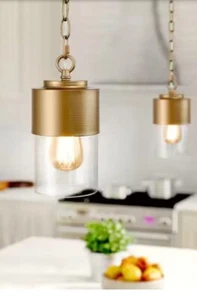 Cylinder Kitchen Island Hanging Pendant Light Brass Gold Clear Glass Shade - Picture 1 of 5