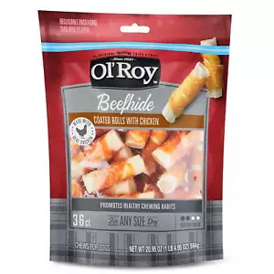 Ol' Roy Beefhide Coated Rolls with Chicken for Any Size Dogs, 20.95 oz, 36 Count - Picture 1 of 9