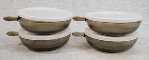 Vintage Glasbake 4 zuppiere e coperchi vetro fumè ambra Jeanette - Foto 1 di 7
