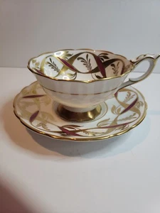 Taza de té y platillo vintage Royal Stafford Inglaterra dorado blanco marrón B19 - Imagen 1 de 9