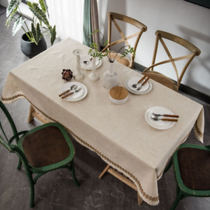 Vintage Style Linen Tablecloth Burlap Rope Trim Table Cover Rectangle Kitchen